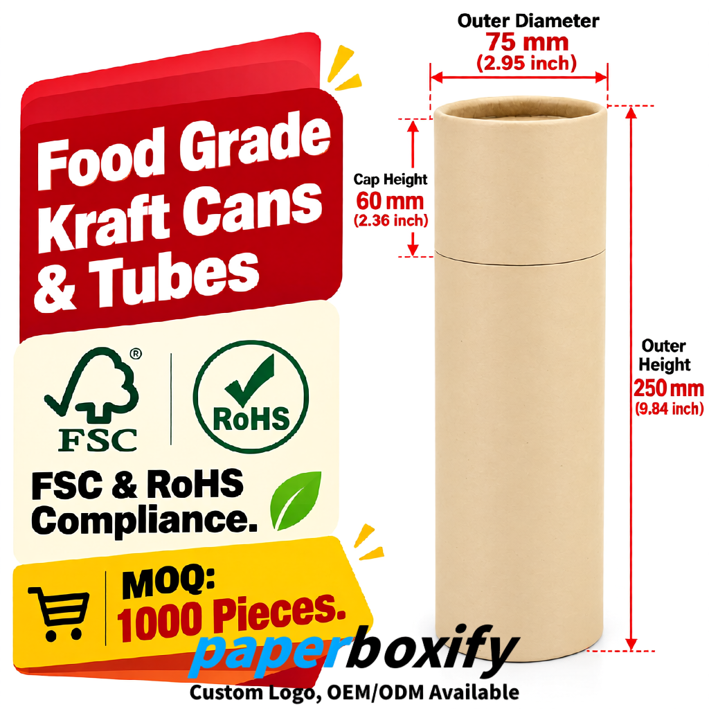 Beige 75x75x130/250/350/450mm Kraft Paper Cans & Tubes | FSC, ROHS Supplier