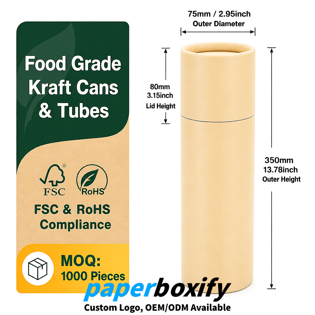 Beige 75x75x130/250/350/450mm Kraft Paper Cans & Tubes | FSC, ROHS Supplier