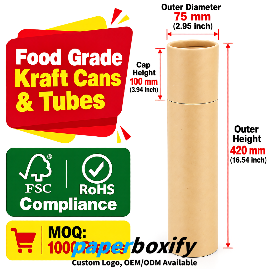 Beige 75x75x130/250/350/450mm Kraft Paper Cans & Tubes | FSC, ROHS Supplier