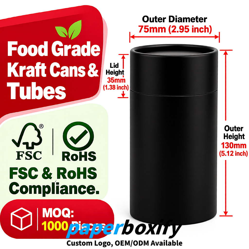 Black 75x75x130/250/350/450mm Kraft Paper Cans & Tubes | FSC, ROHS Supplier Black 75x75x130/250/350/450mm Kraft Paper Cans & Tubes | FSC, ROHS Supplier