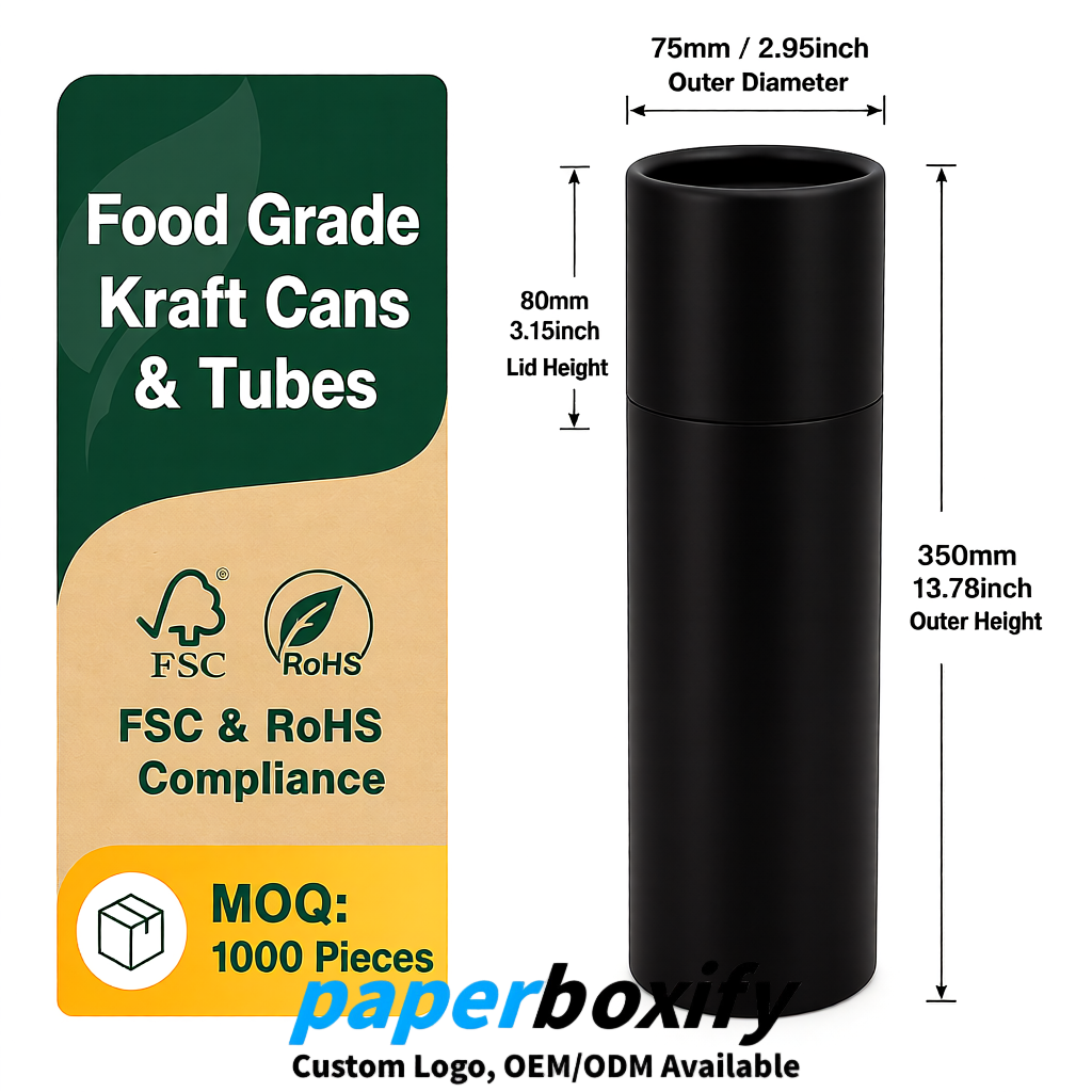 Black 75x75x130/250/350/450mm Kraft Paper Cans & Tubes | FSC, ROHS Supplier