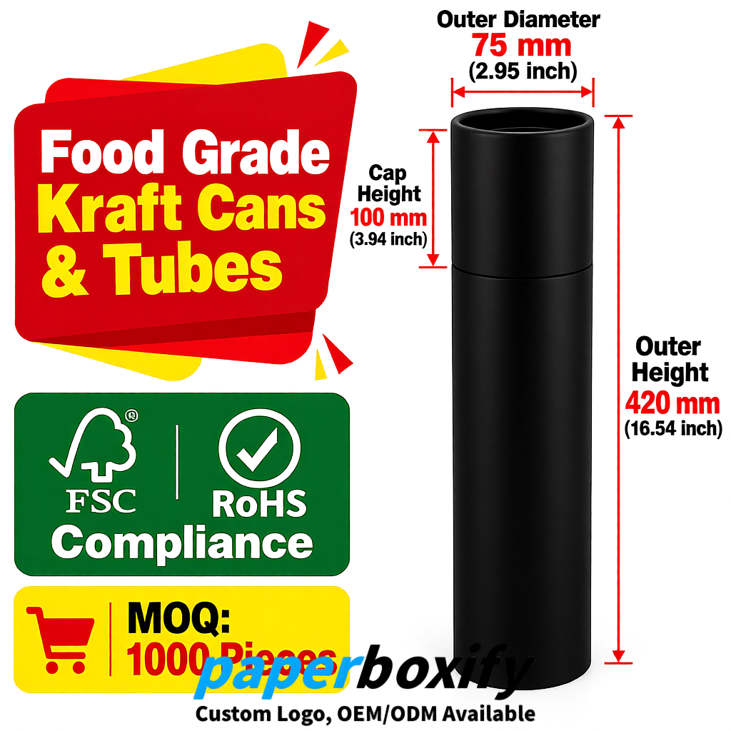 Black 75x75x130/250/350/450mm Kraft Paper Cans & Tubes | FSC, ROHS Supplier