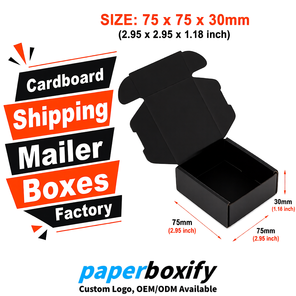Black Cardboard Shipping Mailer Boxes 75x75x30, 100x100x40, 110x100x60, 100x60x40, 90x70x30mm