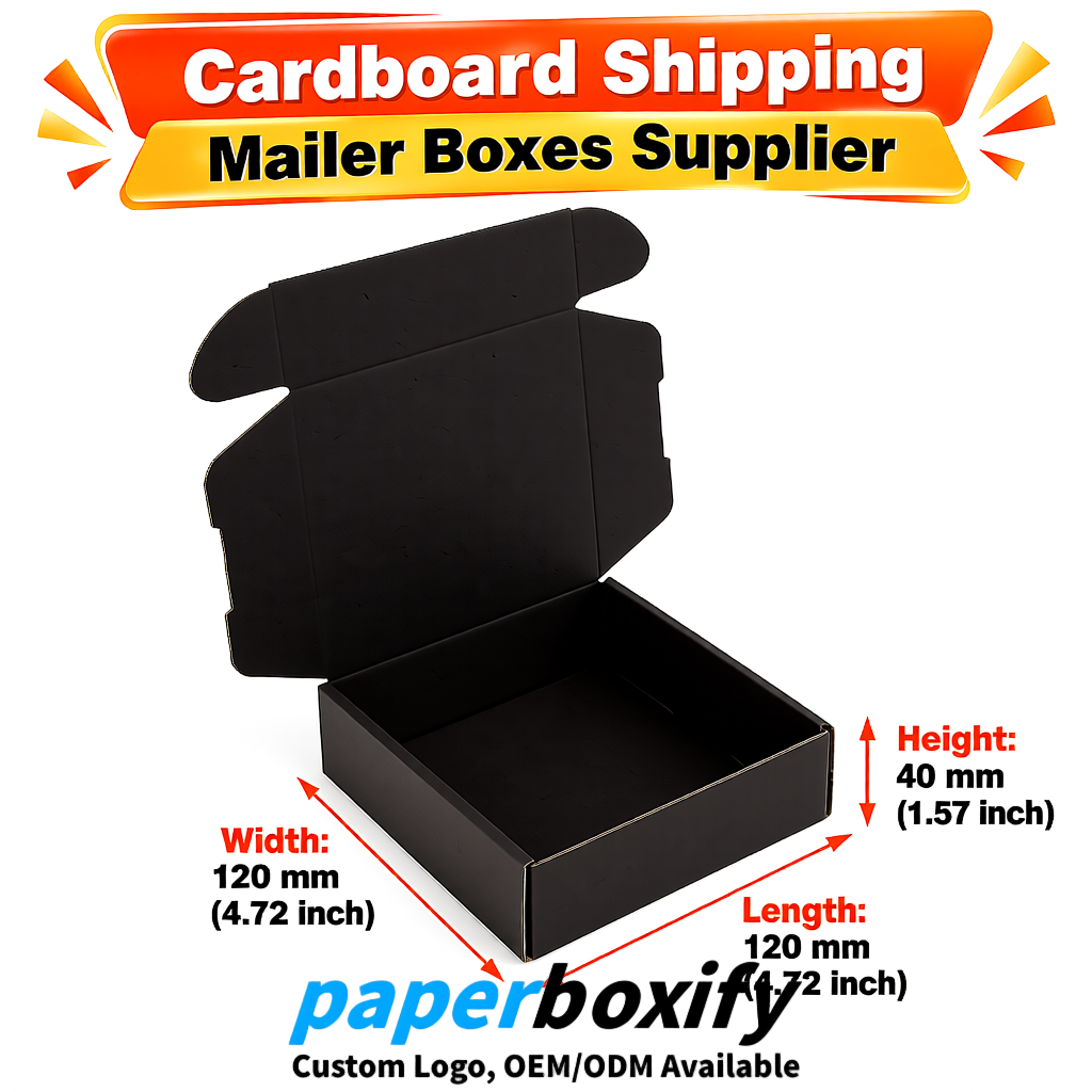 Black Self-Locking Cardboard Mailer Boxes 120x110x35, 120x120x40, 130x120x50, 130x80x25, 130x80x40mm