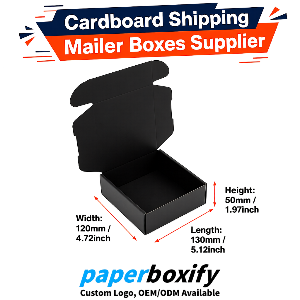 Black Self-Locking Cardboard Mailer Boxes 120x110x35, 120x120x40, 130x120x50, 130x80x25, 130x80x40mm