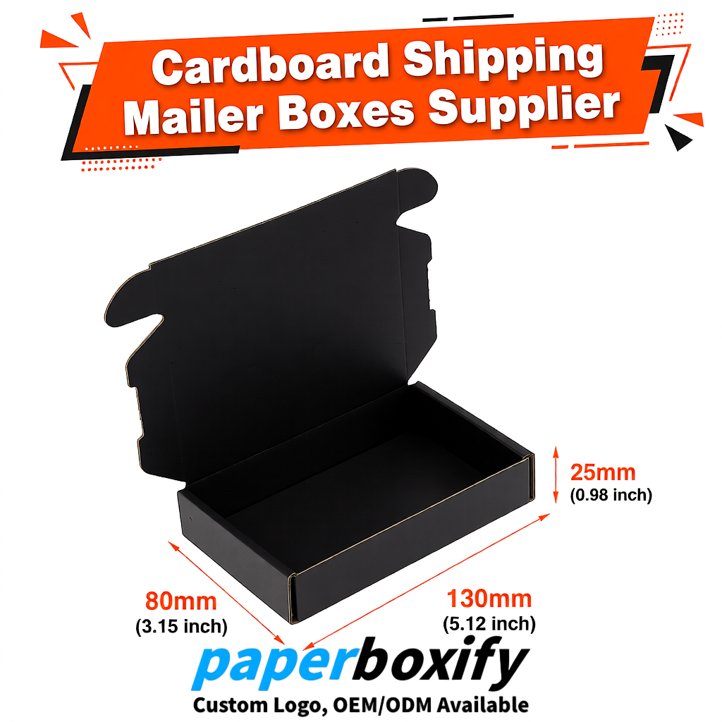 Black Self-Locking Cardboard Mailer Boxes 120x110x35, 120x120x40, 130x120x50, 130x80x25, 130x80x40mm