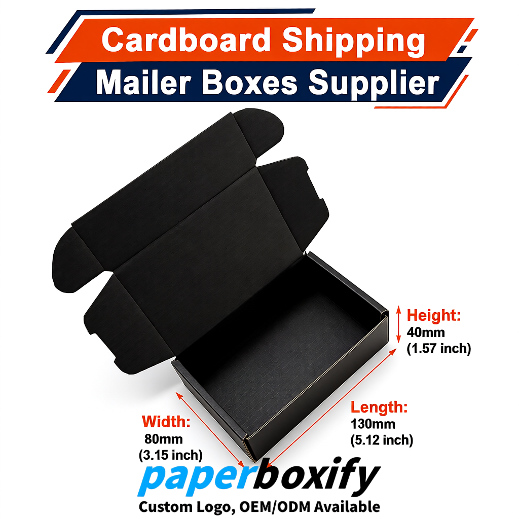 Black Self-Locking Cardboard Mailer Boxes 120x110x35, 120x120x40, 130x120x50, 130x80x25, 130x80x40mm