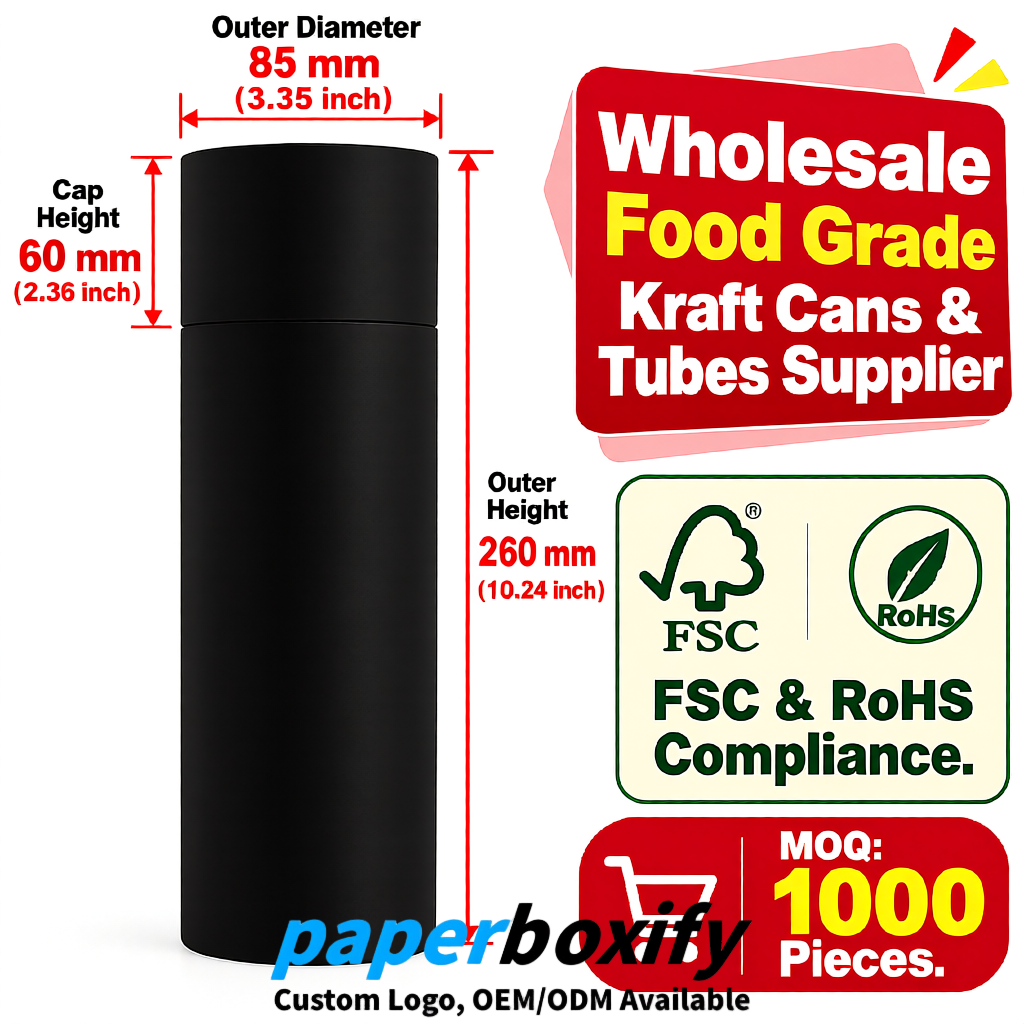Black Paper Tubes 85x85x160/260, 100x100x90/190/300mm FSC/RoHS Certified Manufacturer