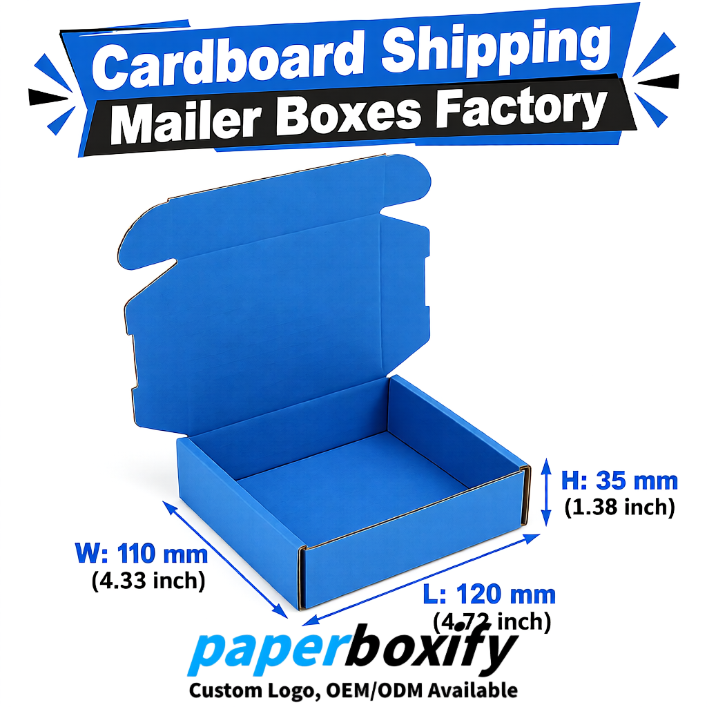 Blue Self-Locking Cardboard Mailer Boxes 120x110x35, 120x120x40, 130x120x50, 130x80x25, 130x80x40mm
