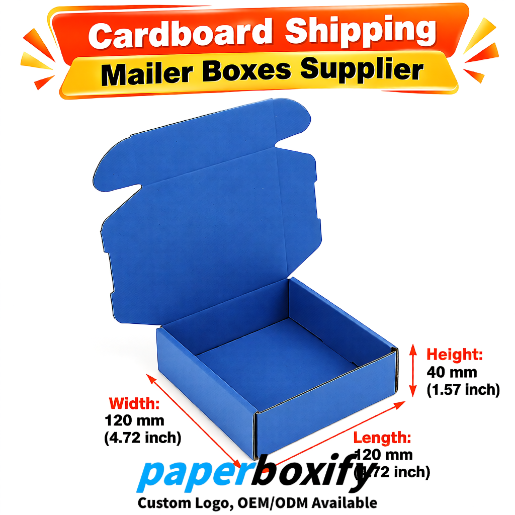 Blue Self-Locking Cardboard Mailer Boxes 120x110x35, 120x120x40, 130x120x50, 130x80x25, 130x80x40mm
