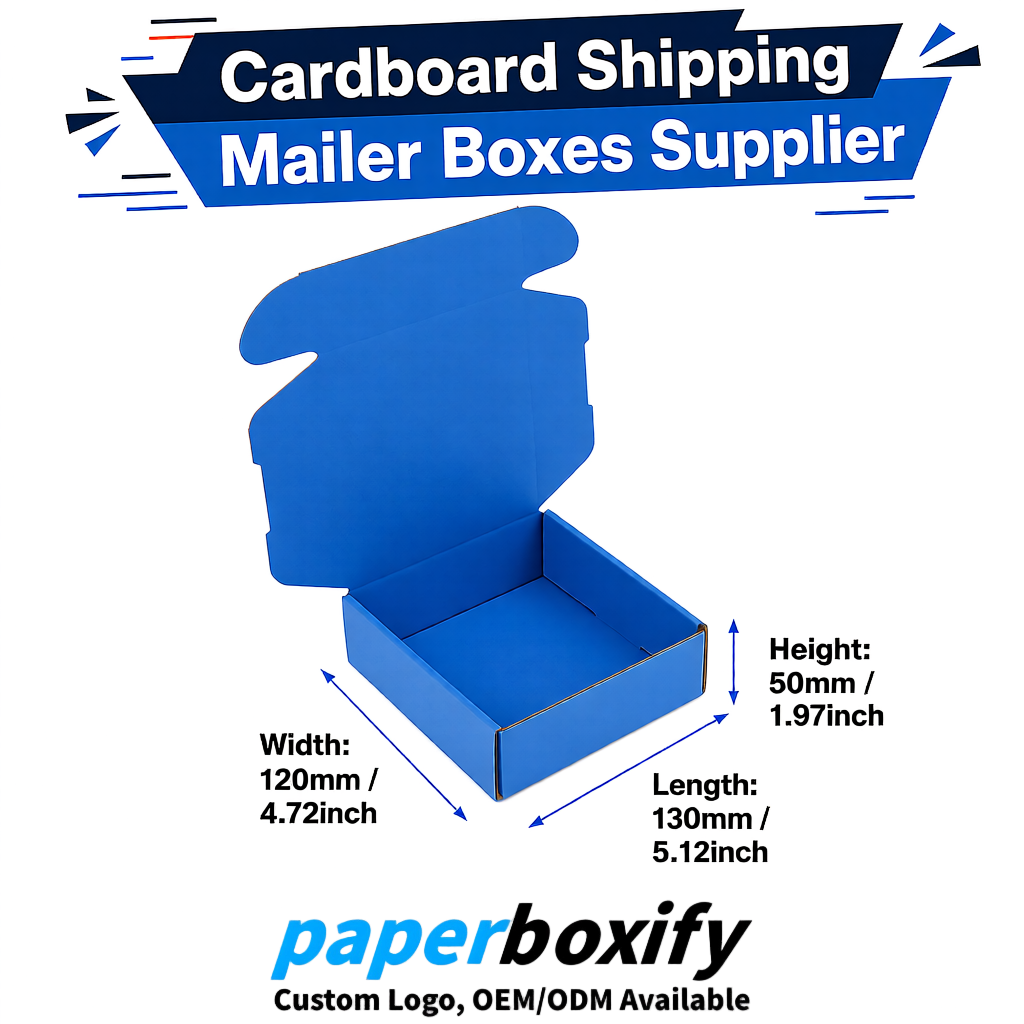 Blue Self-Locking Cardboard Mailer Boxes 120x110x35, 120x120x40, 130x120x50, 130x80x25, 130x80x40mm