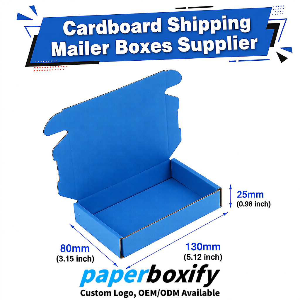 Blue Self-Locking Cardboard Mailer Boxes 120x110x35, 120x120x40, 130x120x50, 130x80x25, 130x80x40mm