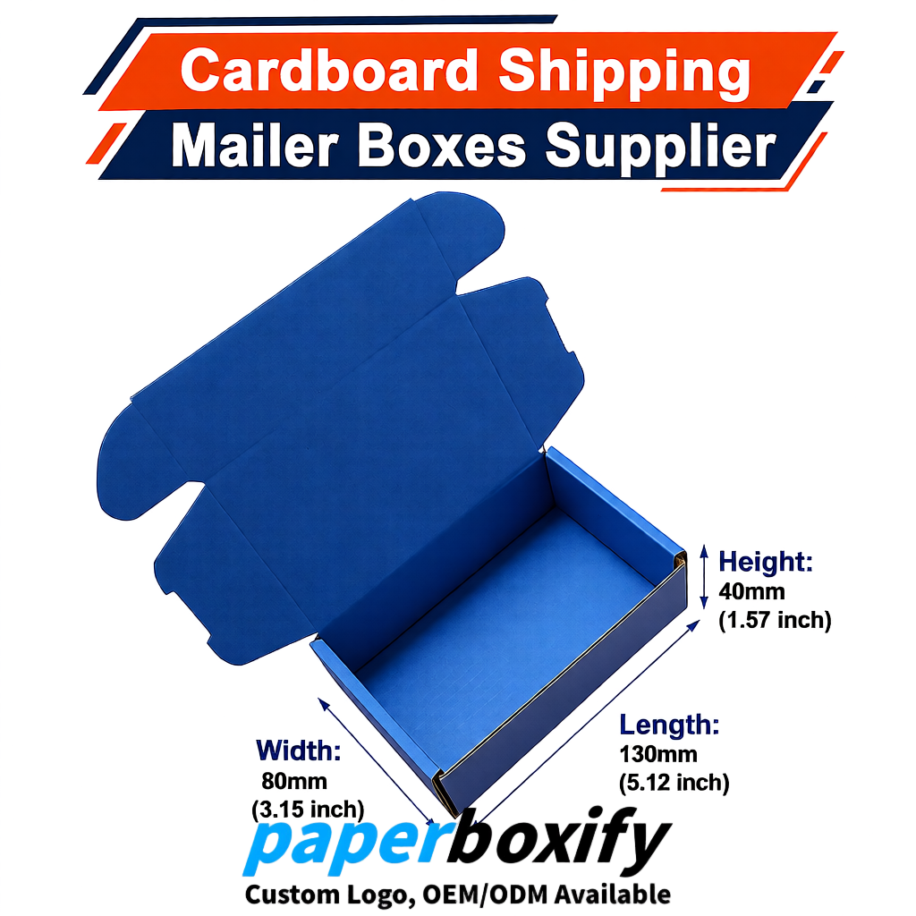 Blue Self-Locking Cardboard Mailer Boxes 120x110x35, 120x120x40, 130x120x50, 130x80x25, 130x80x40mm