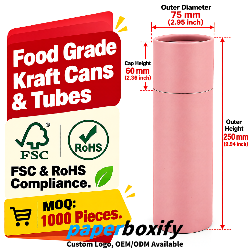 Blush 75x75x130/250/350/450mm Kraft Paper Cans & Tubes | FSC, ROHS Supplier