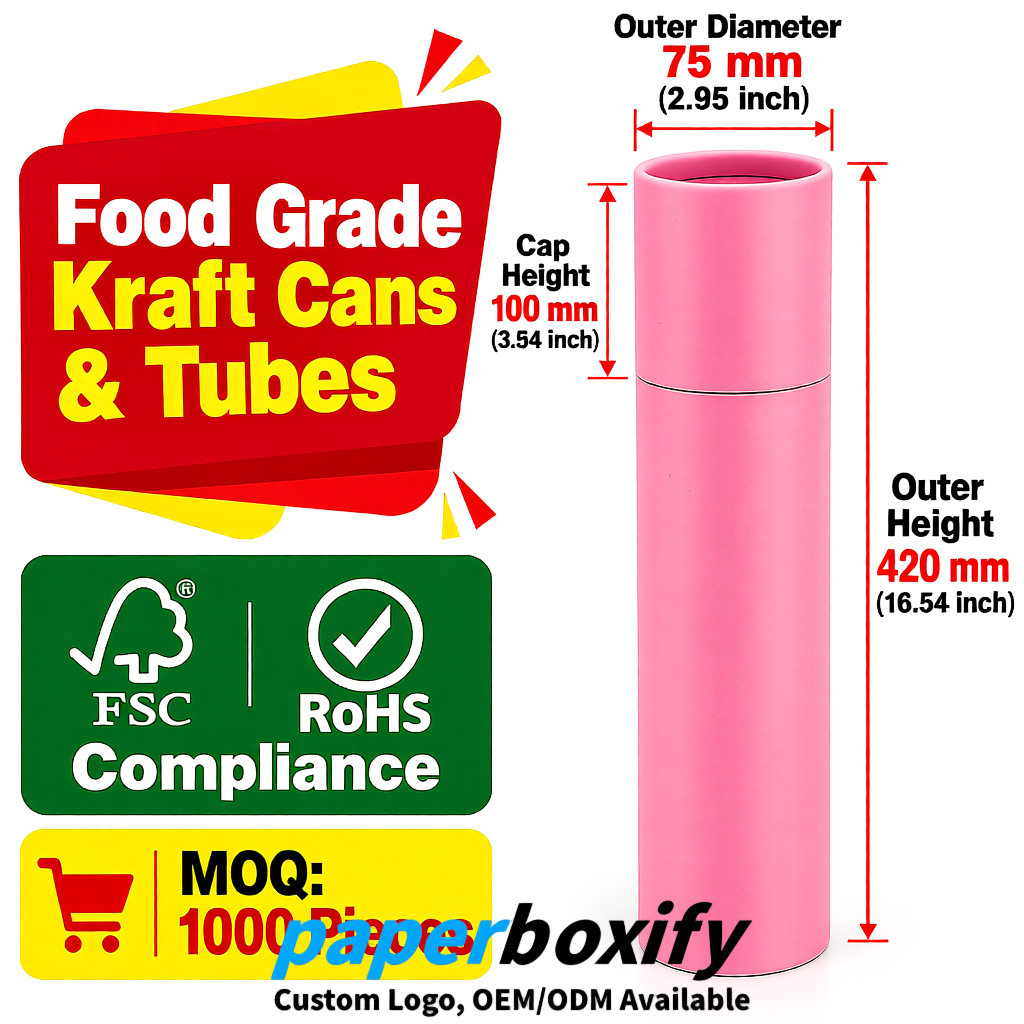 Blush 75x75x130/250/350/450mm Kraft Paper Cans & Tubes | FSC, ROHS Supplier