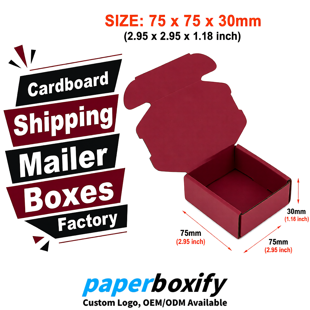 Burgundy Cardboard Shipping Mailer Boxes 75x75x30, 100x100x40, 110x100x60, 100x60x40, 90x70x30mm