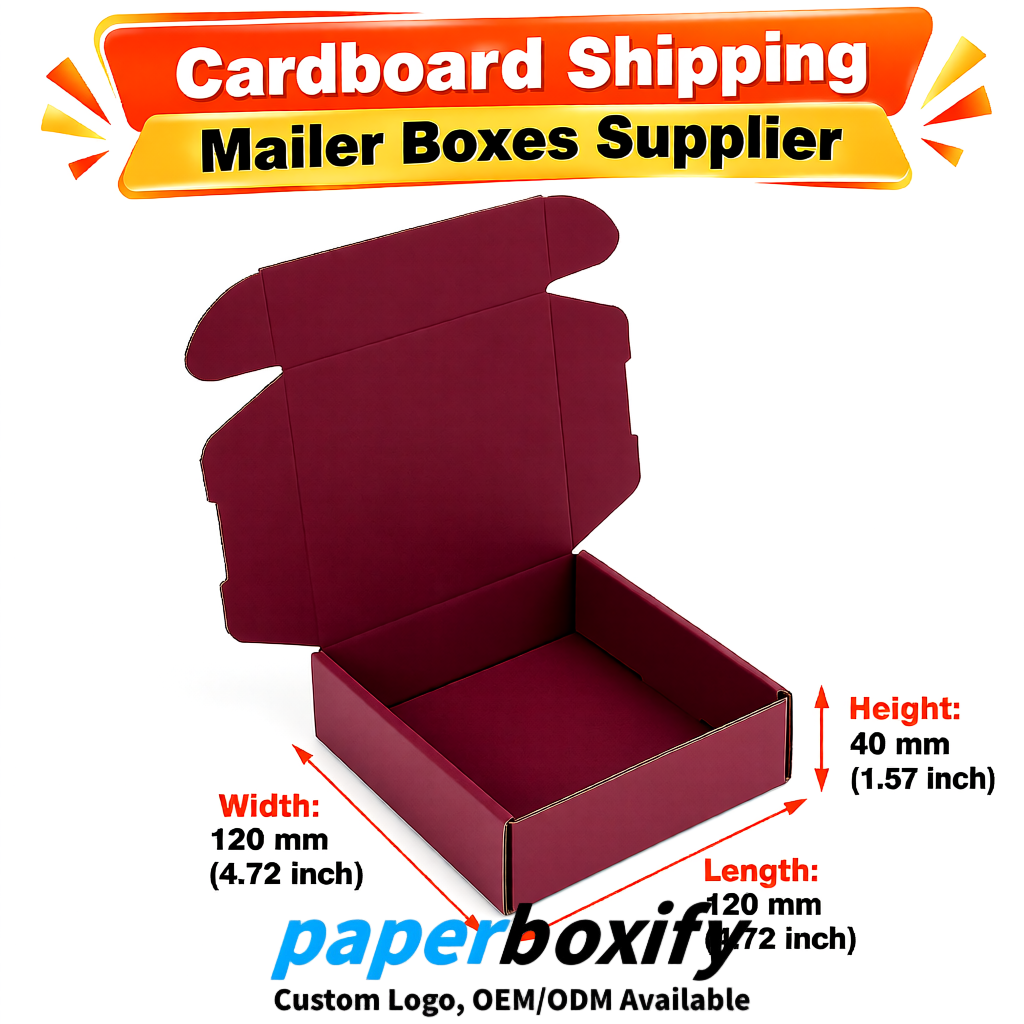 Burgundy Self-Locking Cardboard Mailer Boxes 120x110x35, 120x120x40, 130x120x50, 130x80x25, 130x80x40mm