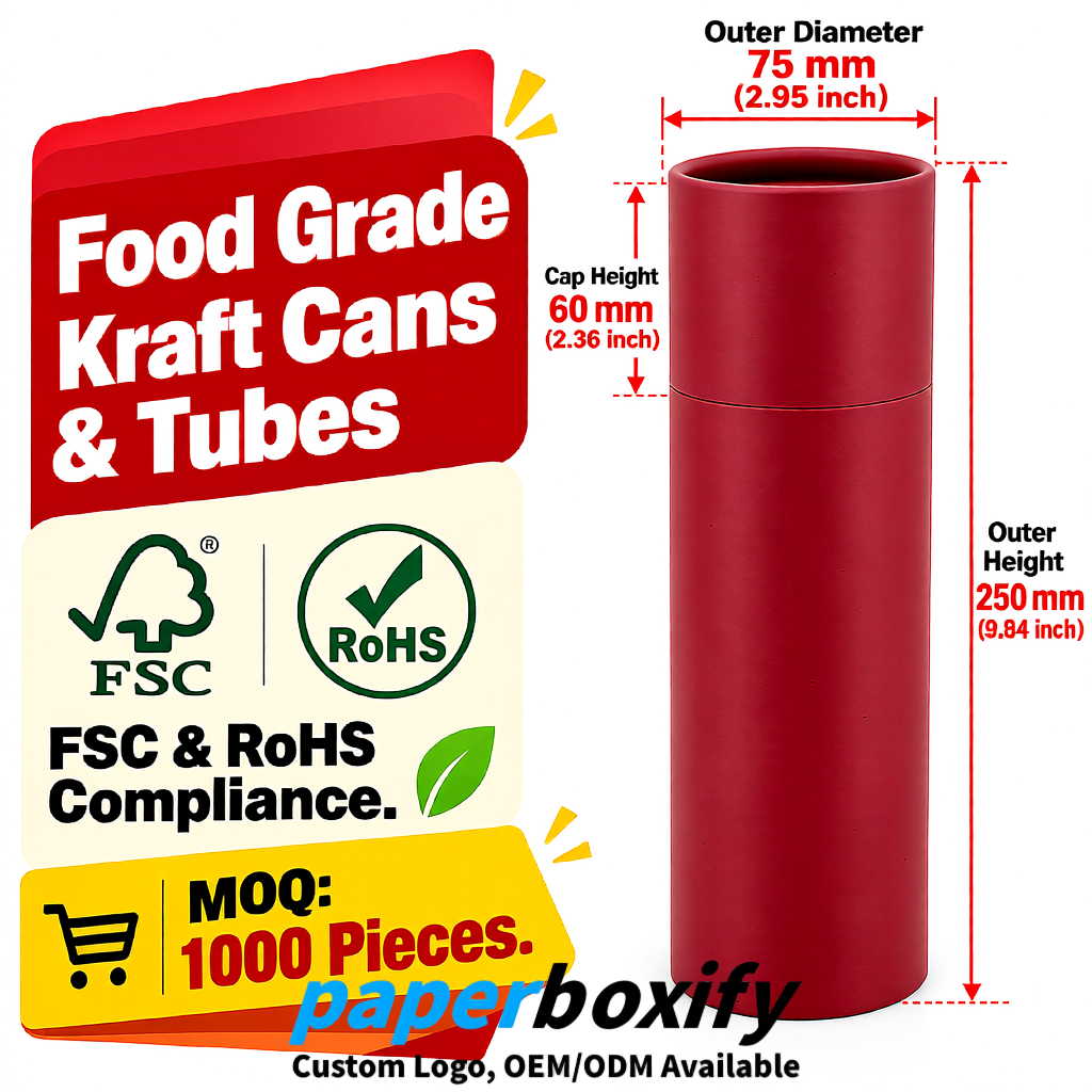 Carmine 75x75x130/250/350/450mm Kraft Paper Cans & Tubes | FSC, ROHS Supplier