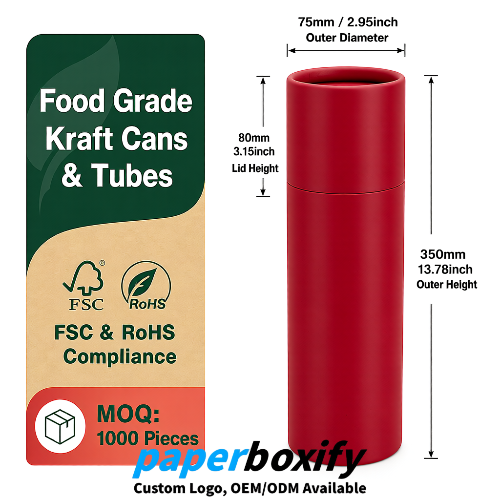 Carmine 75x75x130/250/350/450mm Kraft Paper Cans & Tubes | FSC, ROHS Supplier