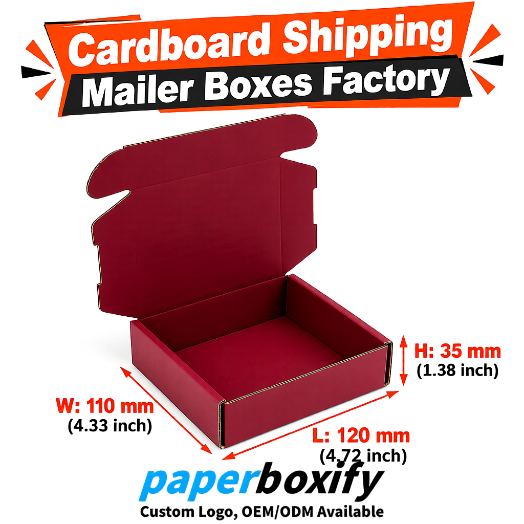 Carmine Self-Locking Cardboard Mailer Boxes 120x110x35, 120x120x40, 130x120x50, 130x80x25, 130x80x40mm