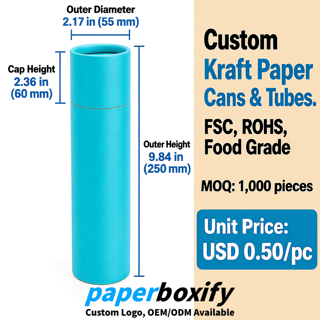 Cyan Food Grade Kraft Paper Cans & Tubes | FSC, ROHS Certified OEM Factory