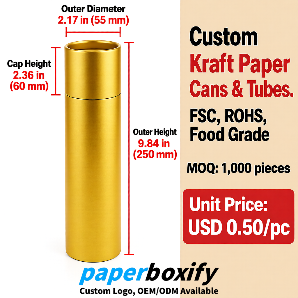 Gold Food Grade Kraft Paper Cans & Tubes | FSC, ROHS Certified OEM Factory