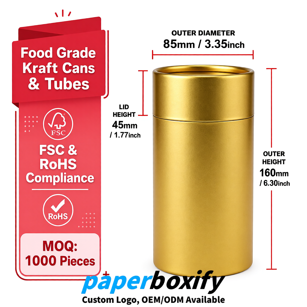 Gold Paper Tubes 85x85x160/260, 100x100x90/190/300mm FSC/RoHS Certified Manufacturer