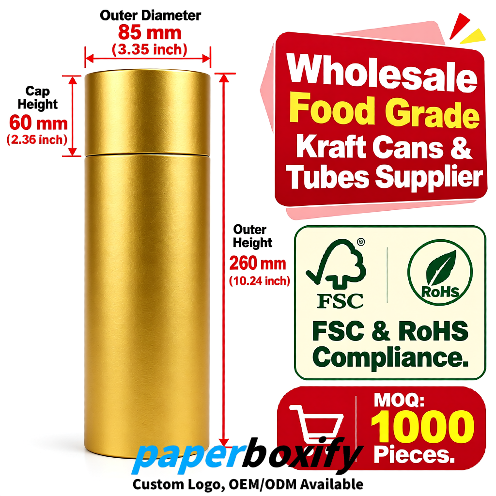 Gold Paper Tubes 85x85x160/260, 100x100x90/190/300mm FSC/RoHS Certified Manufacturer