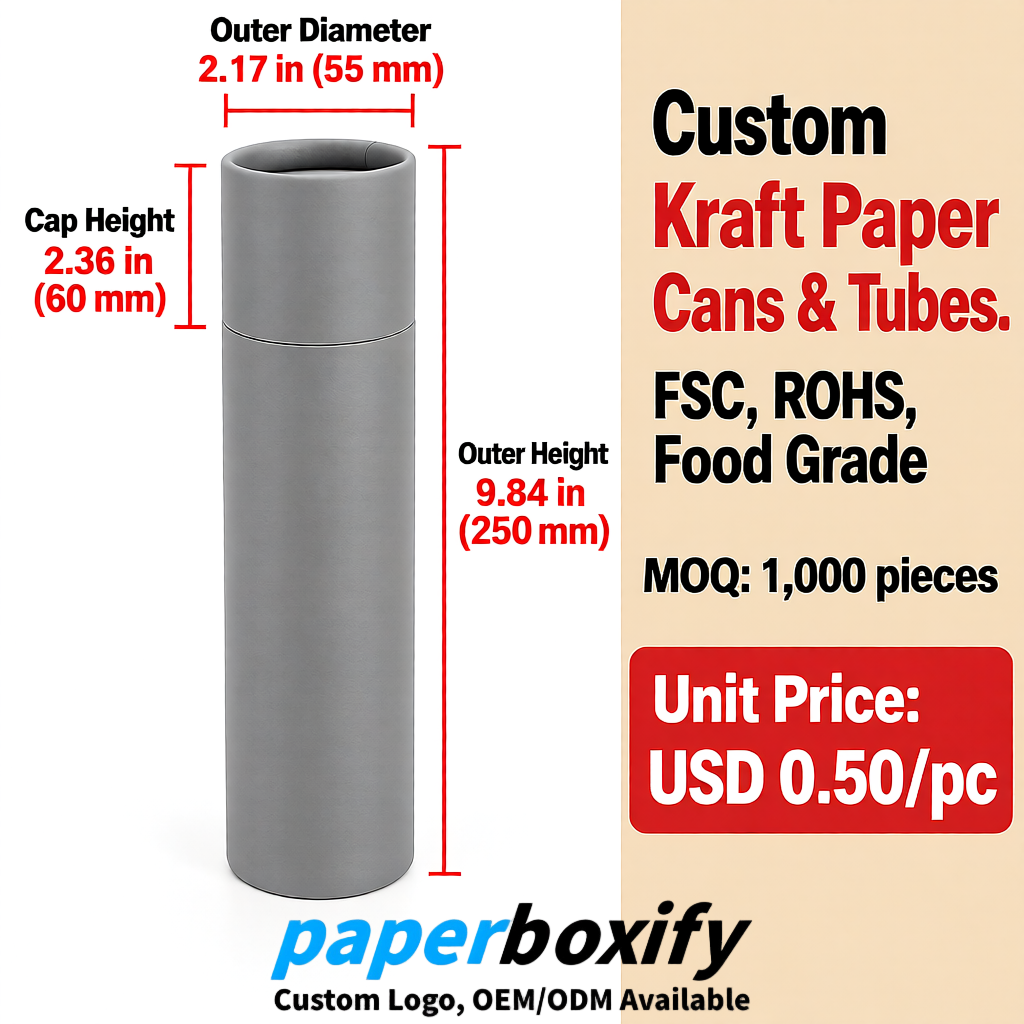 Gray Food Grade Kraft Paper Cans & Tubes | FSC, ROHS Certified OEM Factory
