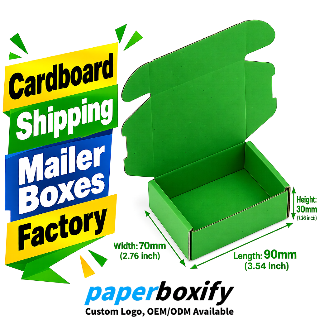 Green Cardboard Shipping Mailer Boxes 75x75x30, 100x100x40, 110x100x60, 100x60x40, 90x70x30mm