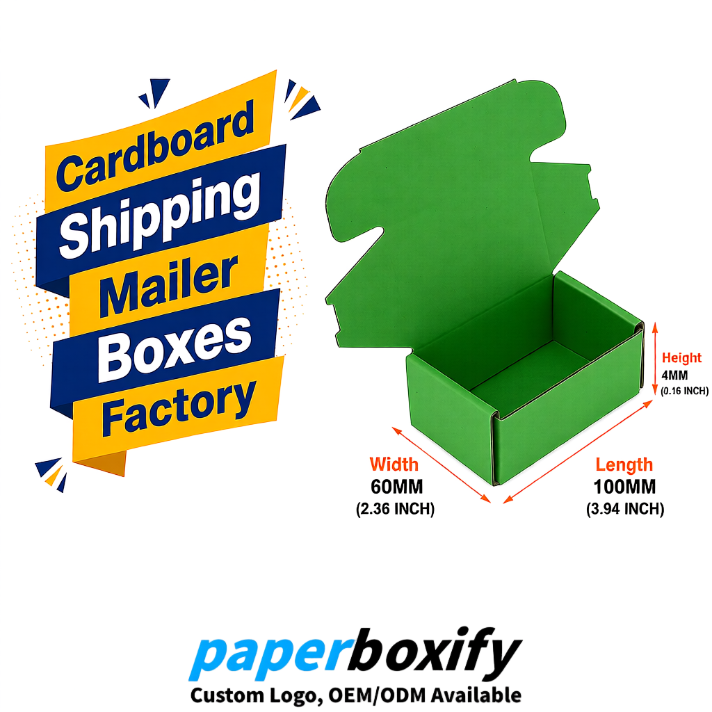Green Cardboard Shipping Mailer Boxes 75x75x30, 100x100x40, 110x100x60, 100x60x40, 90x70x30mm