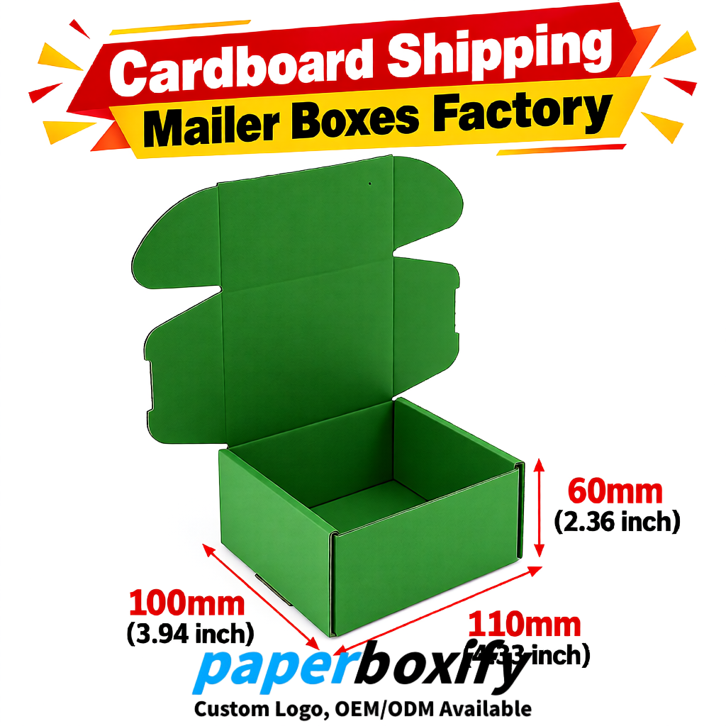 Green Cardboard Shipping Mailer Boxes 75x75x30, 100x100x40, 110x100x60, 100x60x40, 90x70x30mm
