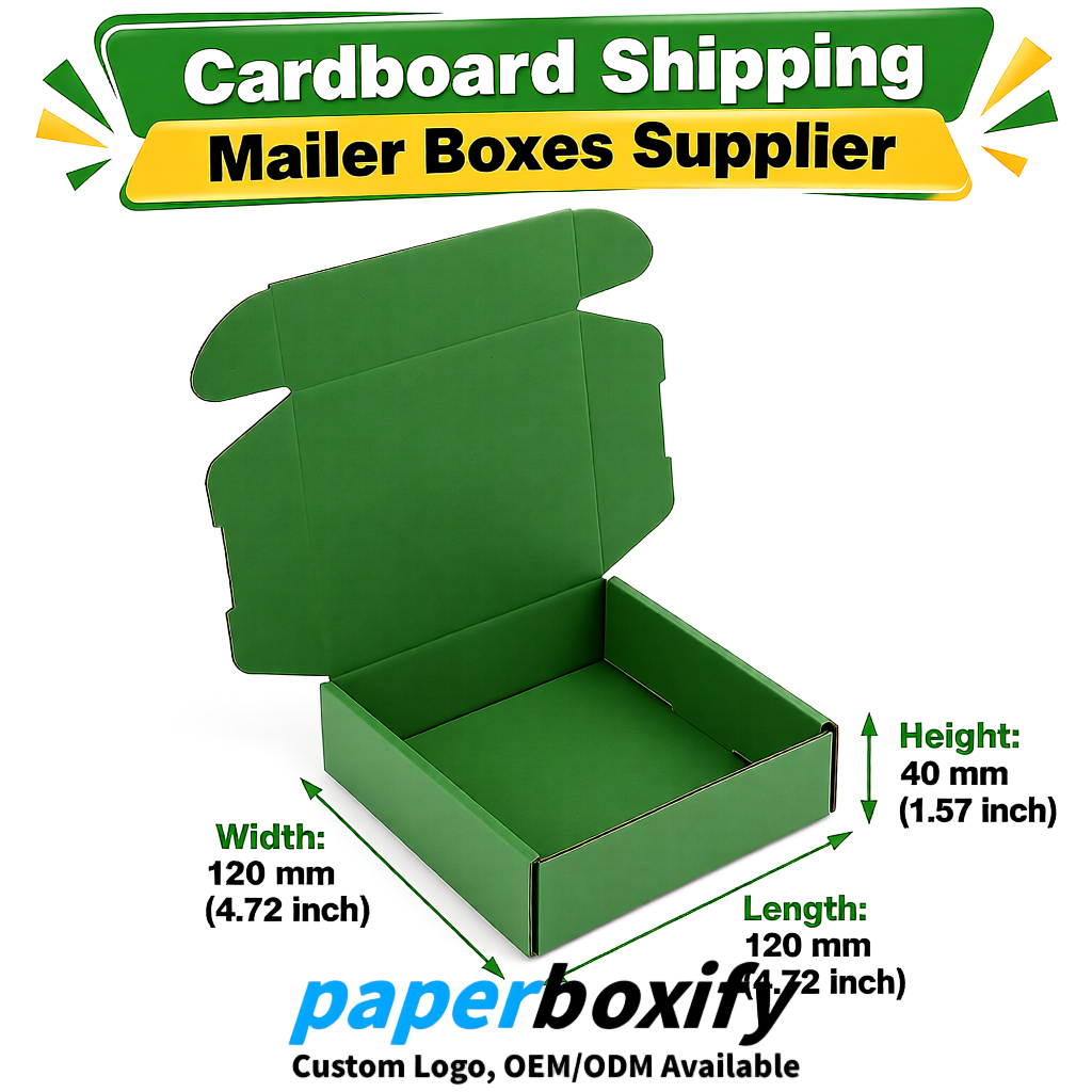 Green Self-Locking Cardboard Mailer Boxes 120x110x35, 120x120x40, 130x120x50, 130x80x25, 130x80x40mm