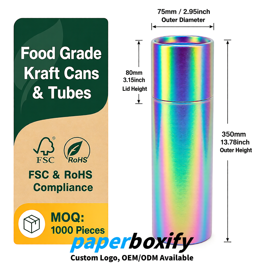 Holographic 75x75x130/250/350/450mm Kraft Paper Cans & Tubes | FSC, ROHS Supplier Holographic 75x75x130/250/350/450mm Kraft Paper Cans & Tubes | FSC, ROHS Supplier