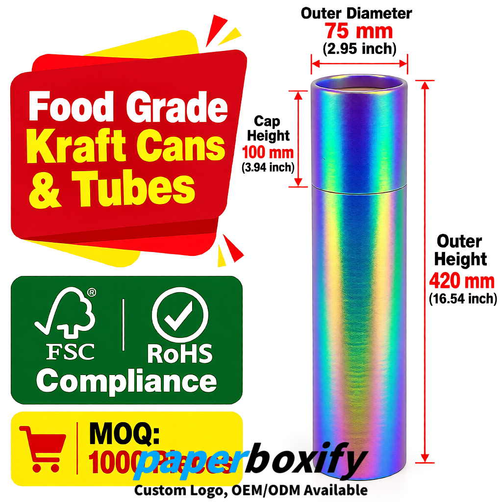 Holographic 75x75x130/250/350/450mm Kraft Paper Cans & Tubes | FSC, ROHS Supplier