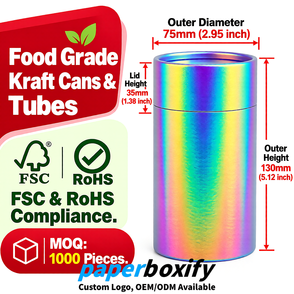 Holographic 75x75x130/250/350/450mm Kraft Paper Cans & Tubes | FSC, ROHS Supplier