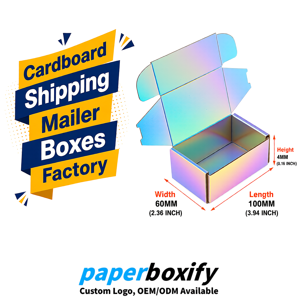 Holographic Cardboard Shipping Mailer Boxes 75x75x30, 100x100x40, 110x100x60, 100x60x40, 90x70x30mm