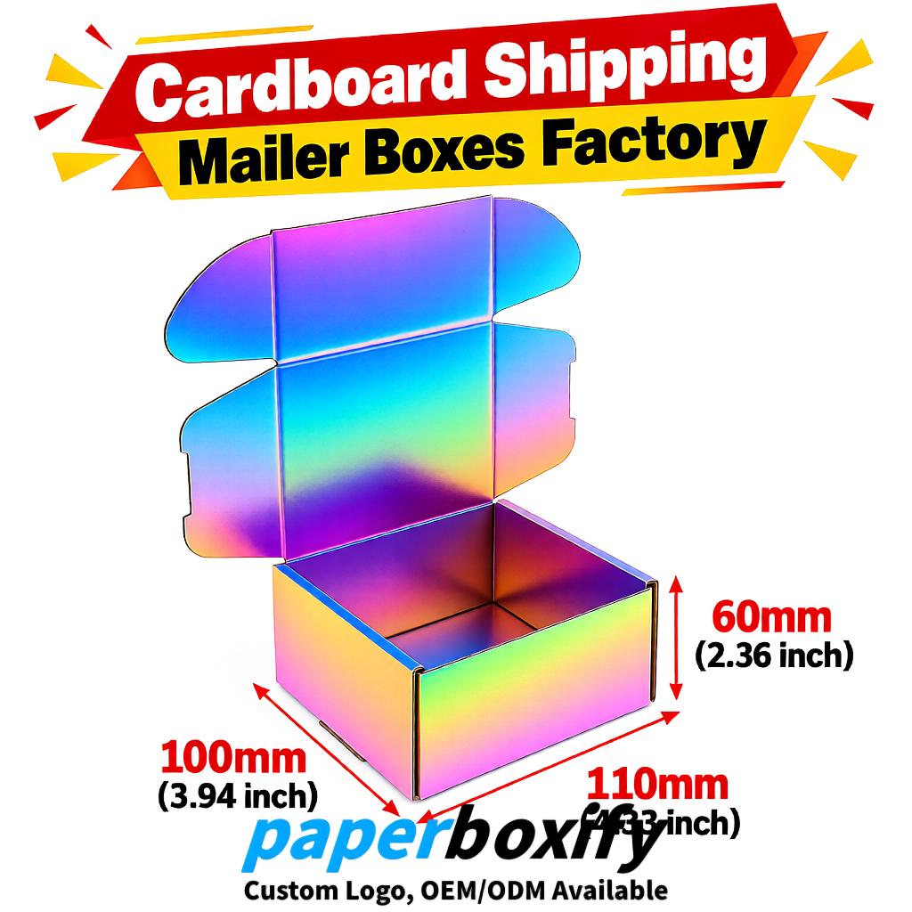Holographic Cardboard Shipping Mailer Boxes 75x75x30, 100x100x40, 110x100x60, 100x60x40, 90x70x30mm