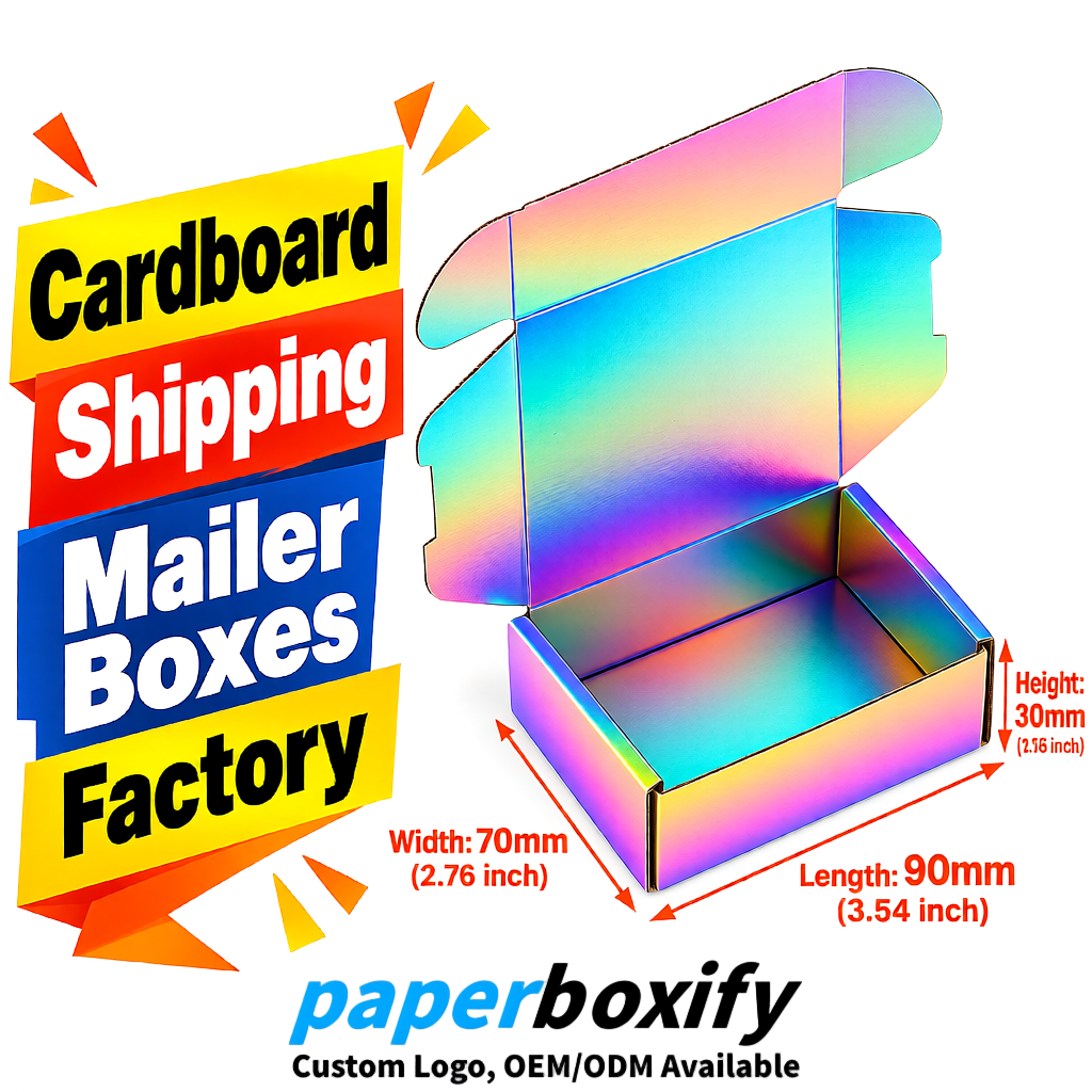 Holographic Cardboard Shipping Mailer Boxes 75x75x30, 100x100x40, 110x100x60, 100x60x40, 90x70x30mm