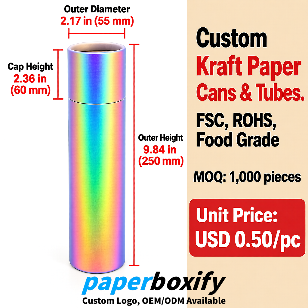 Iridescent Food Grade Kraft Paper Cans & Tubes | FSC, ROHS Certified OEM Factory Iridescent Food Grade Kraft Paper Cans & Tubes | FSC, ROHS Certified OEM Factory