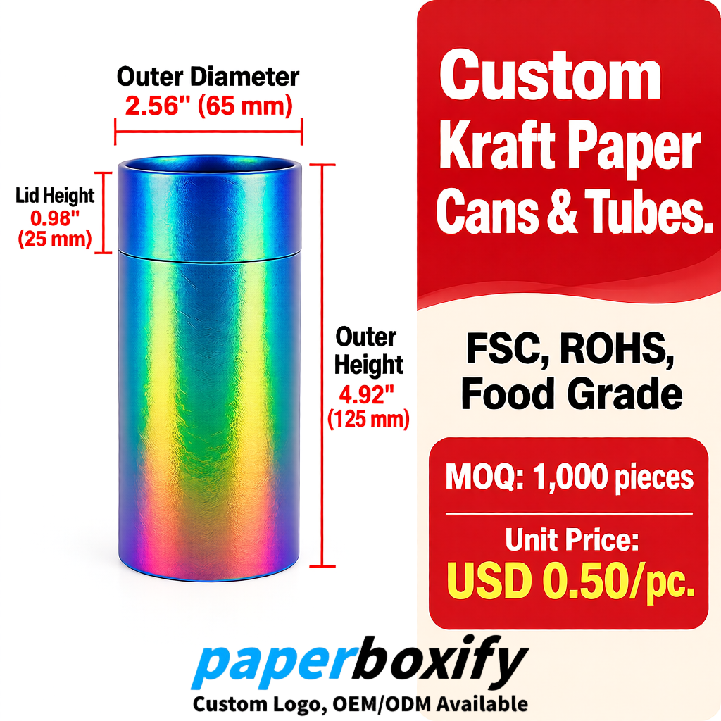 Iridescent Food Grade Kraft Paper Cans & Tubes | FSC, ROHS Certified OEM Factory