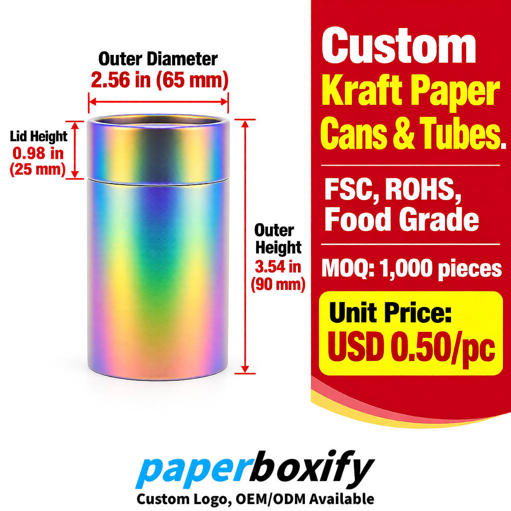 Iridescent Food Grade Kraft Paper Cans & Tubes | FSC, ROHS Certified OEM Factory