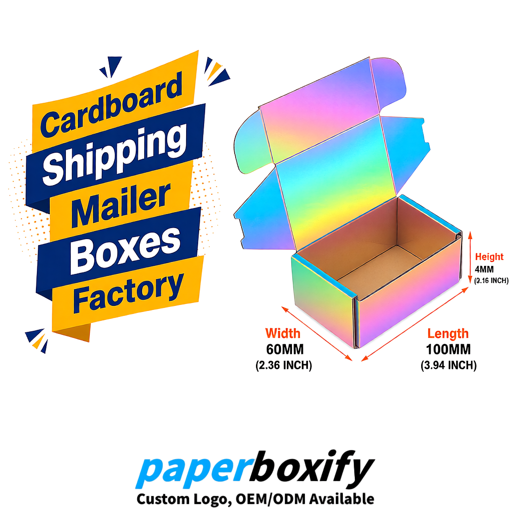 Iridescent Cardboard Shipping Mailer Boxes 75x75x30, 100x100x40, 110x100x60, 100x60x40, 90x70x30mm
