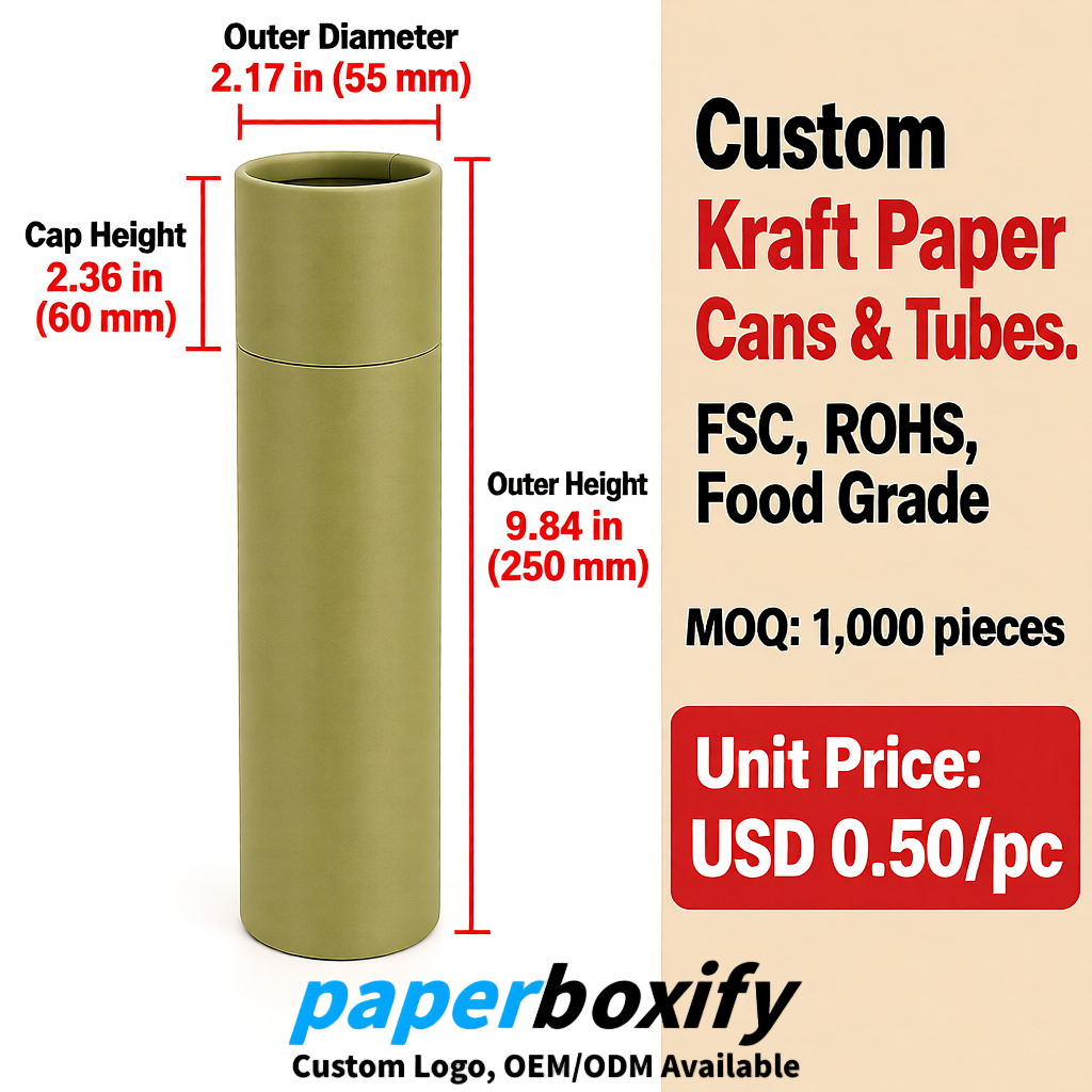 Khaki Food Grade Kraft Paper Cans & Tubes | FSC, ROHS Certified OEM Factory