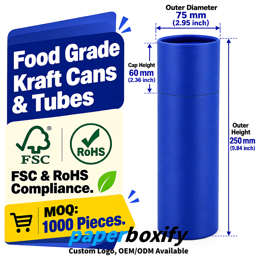 Klein Blue 75x75x130/250/350/450mm Kraft Paper Cans & Tubes | FSC, ROHS Supplier
