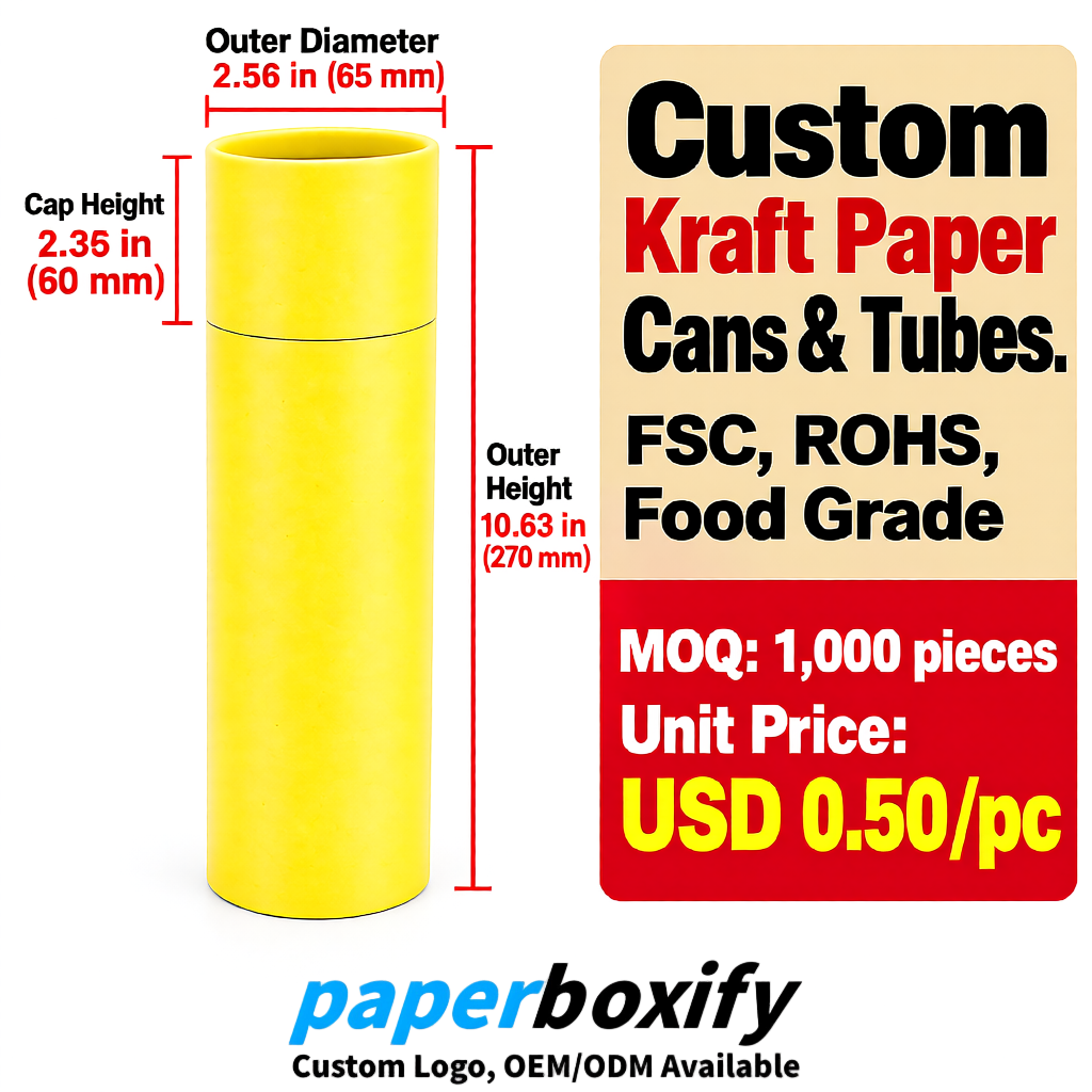 Lemon Yellow Food Grade Kraft Paper Cans & Tubes | FSC, ROHS Certified OEM Factory