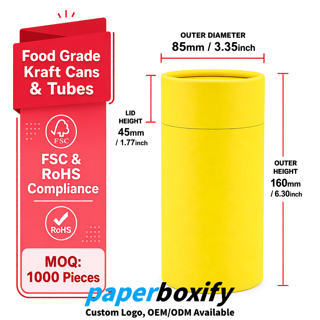 Lemon Yellow Paper Tubes 85x85x160/260, 100x100x90/190/300mm FSC/RoHS Certified Manufacturer