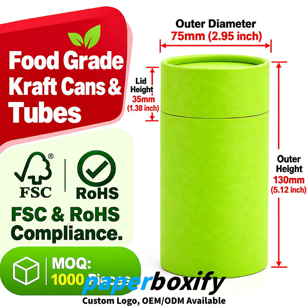 Lime Green 75x75x130/250/350/450mm Kraft Paper Cans & Tubes | FSC, ROHS Supplier