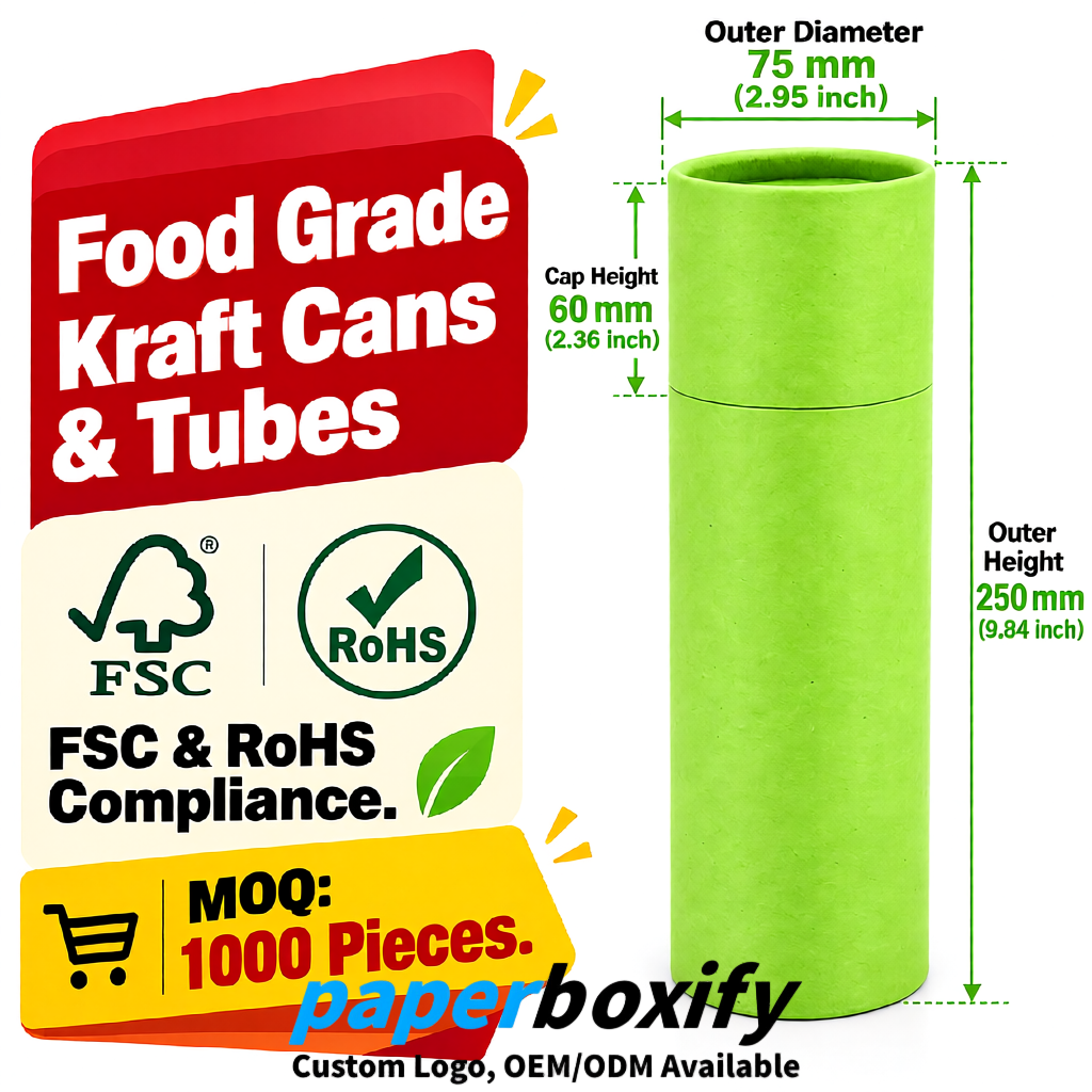Lime Green 75x75x130/250/350/450mm Kraft Paper Cans & Tubes | FSC, ROHS Supplier