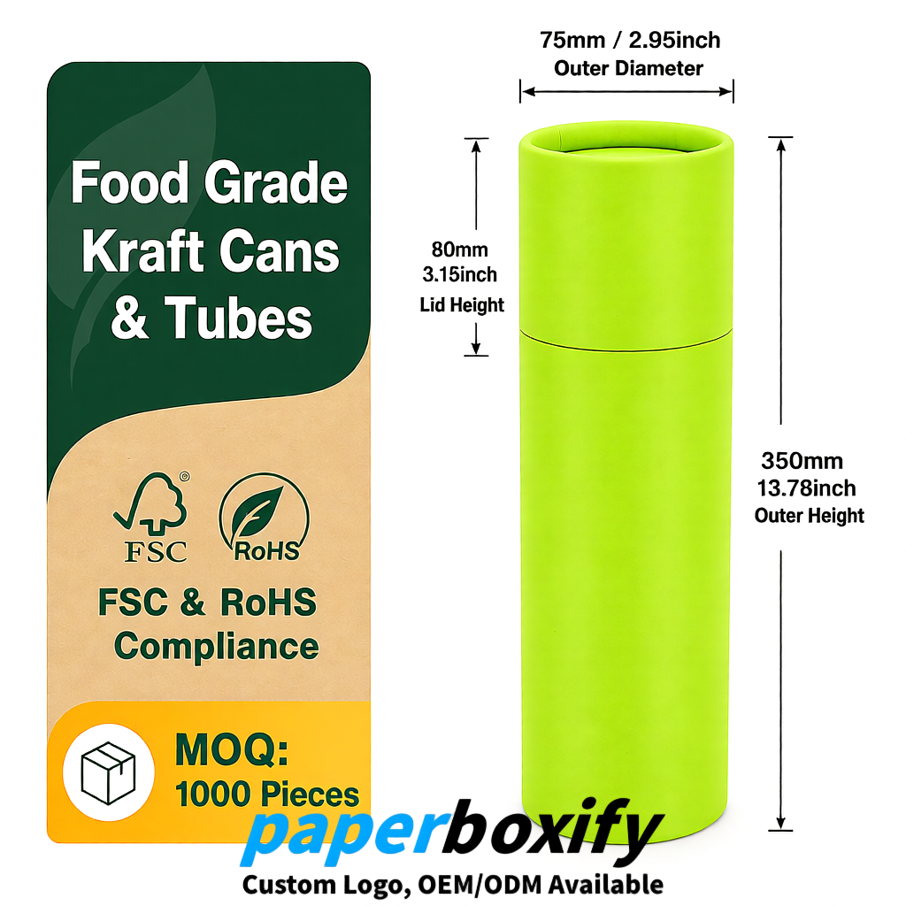 Lime Green 75x75x130/250/350/450mm Kraft Paper Cans & Tubes | FSC, ROHS Supplier Lime Green 75x75x130/250/350/450mm Kraft Paper Cans & Tubes | FSC, ROHS Supplier